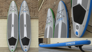 Multiple views of the green and blue Cypress paddle board